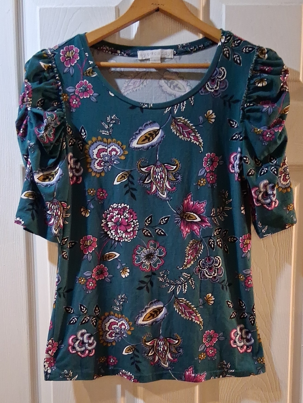 Teal Floral Puff-Sleeve Women's Top